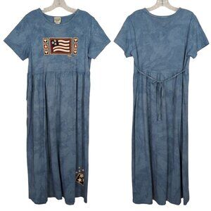 Cactus Bay Vintage light tie dye blue Maxi Dress Patriotic Flag Print Tie Back M
